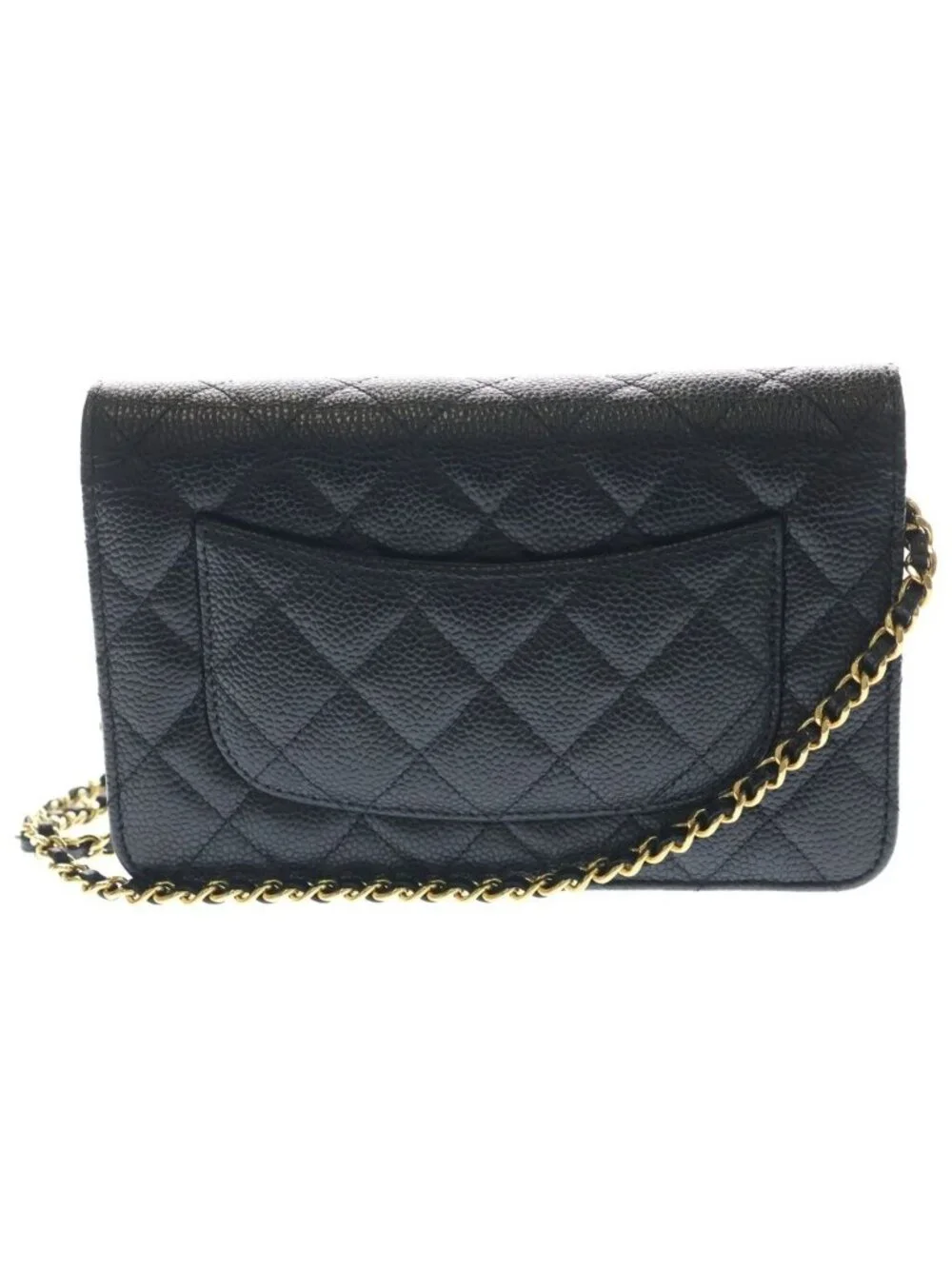 Chanel Quilted Caviar Leather Gold Chain Wallet Shoulder Bag Plate Black
